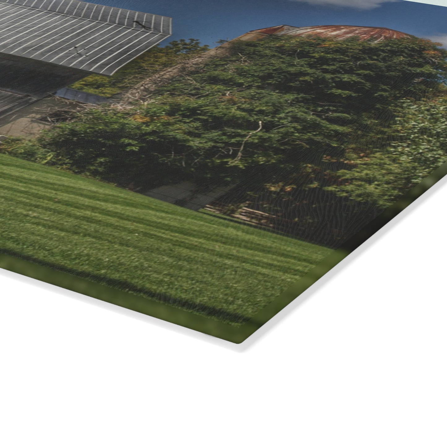 U R There Photography Ludwig Road Summer Grey and Silo Rustic Farmhouse Tempered-Glass Cutting Board