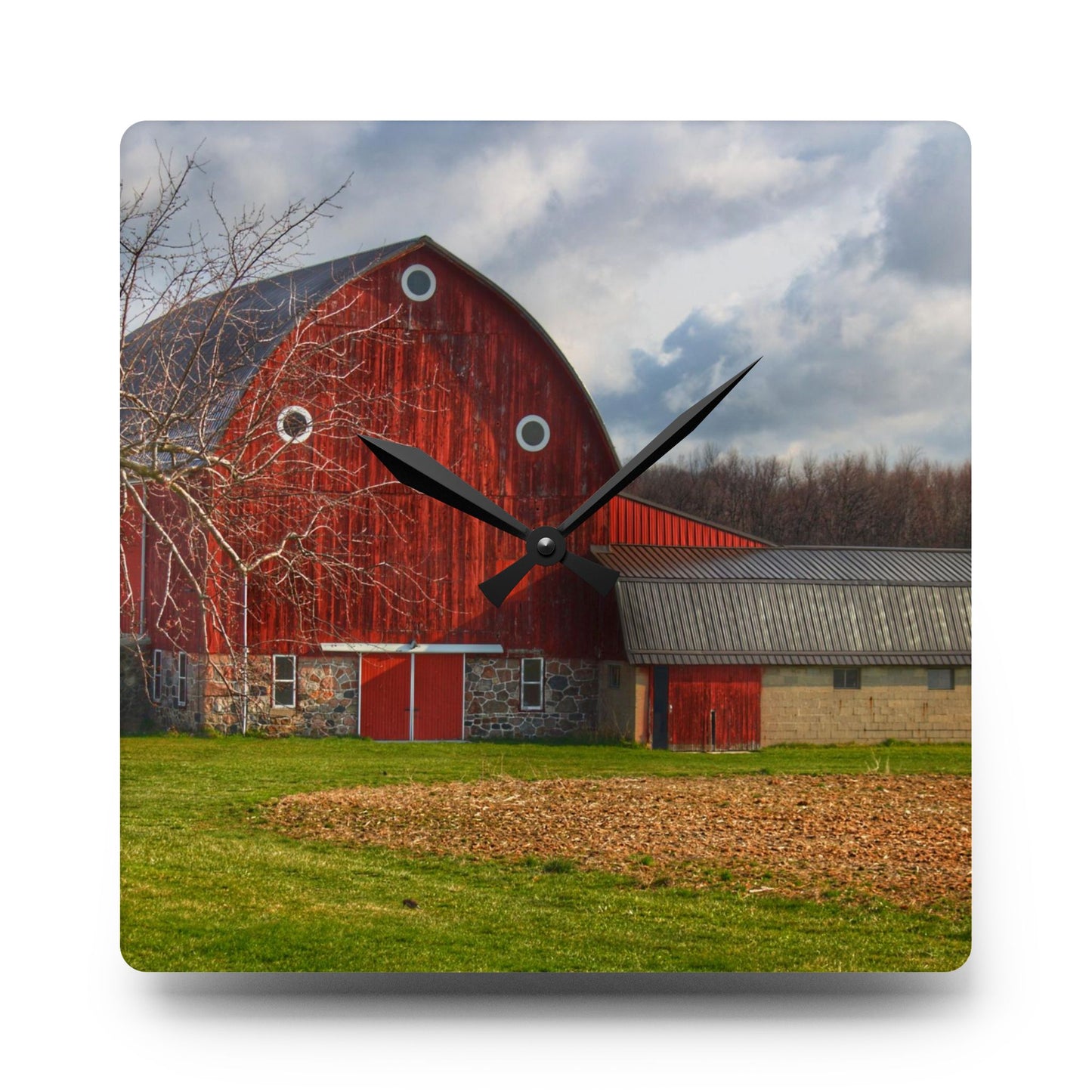 U R There Photography Clear Lake Road Fieldstone Red Rustic Farmhouse Wall Clock