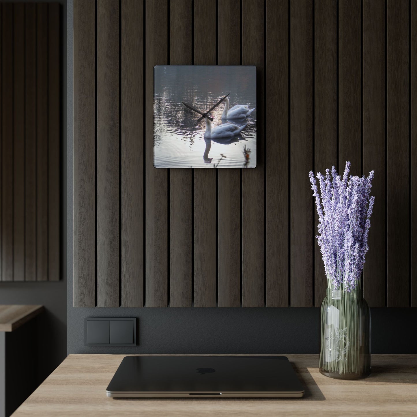 U R There Photography Swans of Duck Lake II Rustic Farmhouse Acrylic Analog Wall Clock