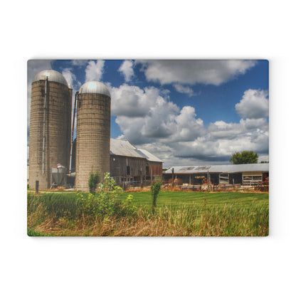 U R There Photography Millington Grey and Silos Rustic Farmhouse Tempered-Glass Cutting Board
