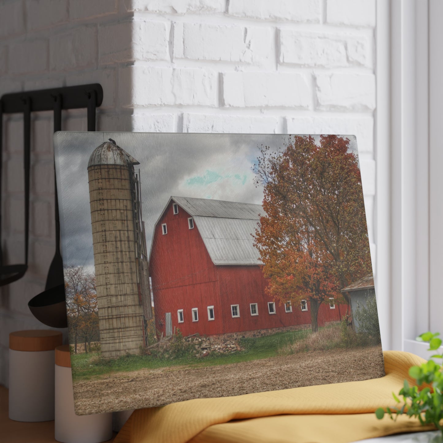 U R There Photography Brigham Road Red Rustic Farmhouse Tempered-Glass Cutting Board 8"x 11"