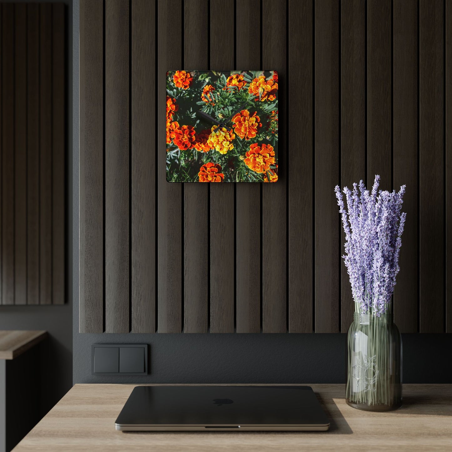 U R There Photography Marigolds Rustic Farmhouse Acrylic Analog Wall Clock