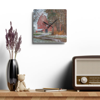 U R There Photography Tubspring Road Hidden Winter Red Rustic Farmhouse Acrylic Analog Wall Clock