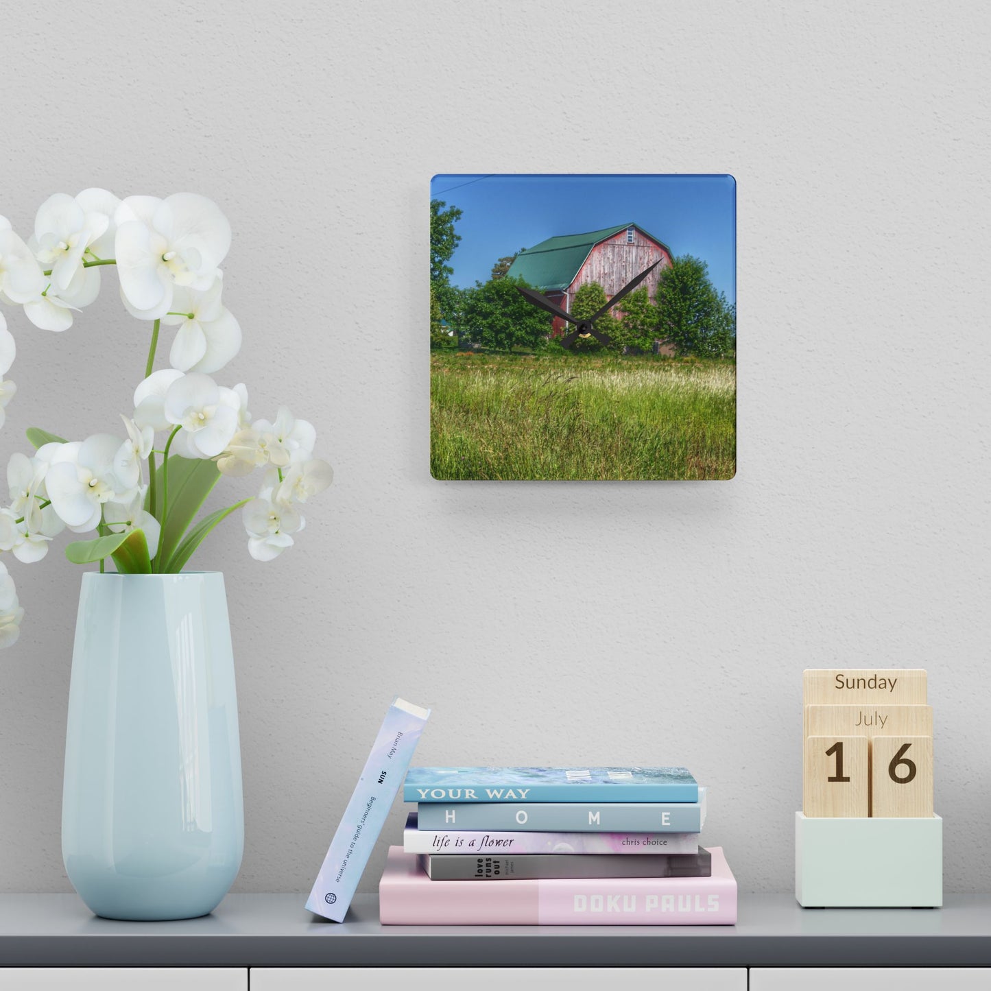 U R There Photography Elmwood Road Red IV Rustic Farmhouse Acrylic Analog Wall Clock