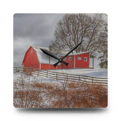 U R There Photography Catlin Red and Fence II Rustic Farmhouse Acrylic Analog Wall Clock