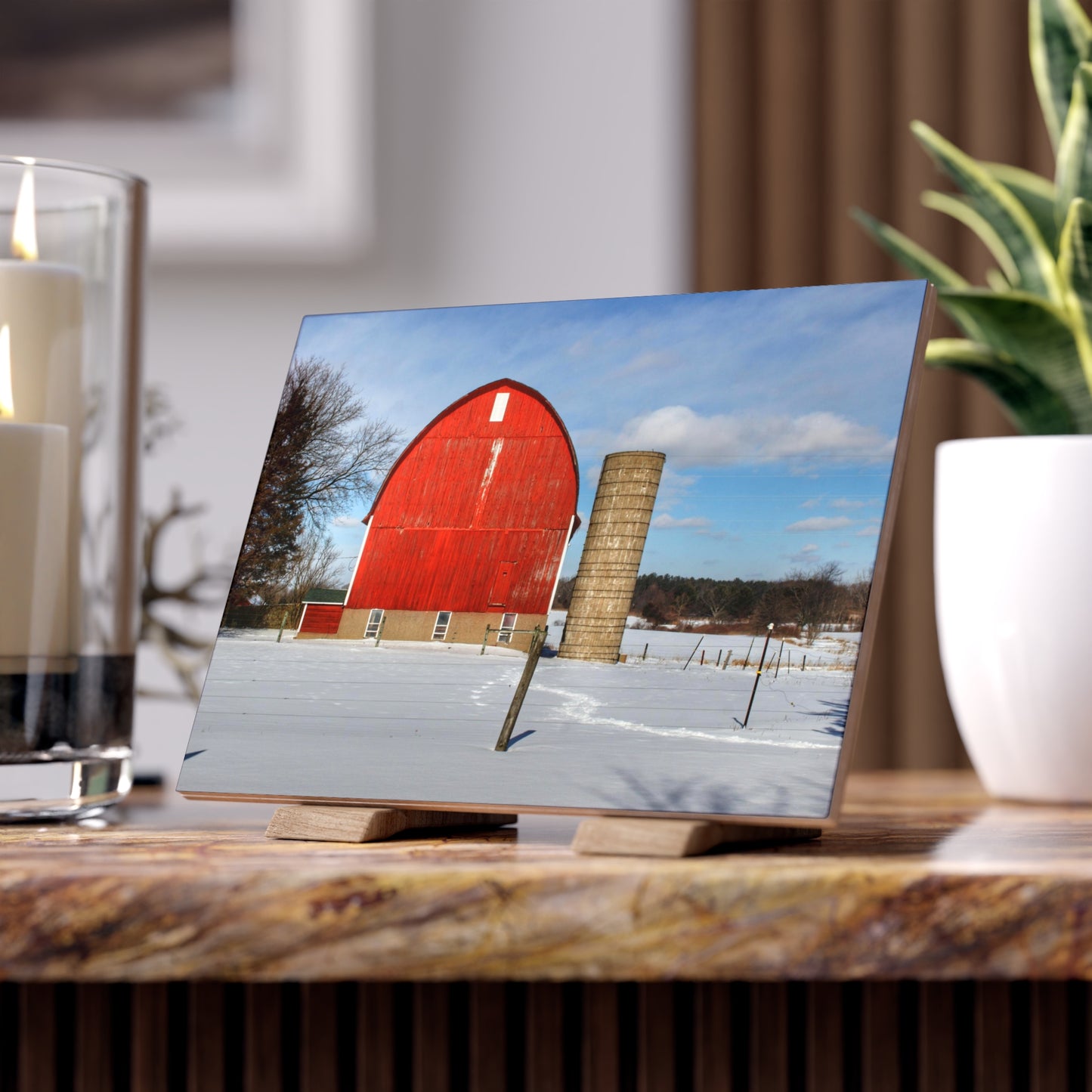 U R There Photography Barnes Road Winter Red Rustic Farmhouse Decorative Ceramic Tile