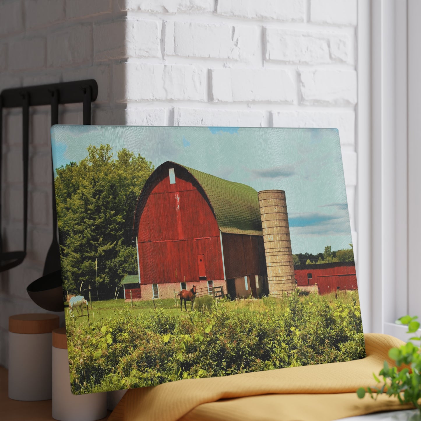 Barn Boutique Rustic Tempered-Glass Cutting Board| Elmwood Road Red Barn and Horses