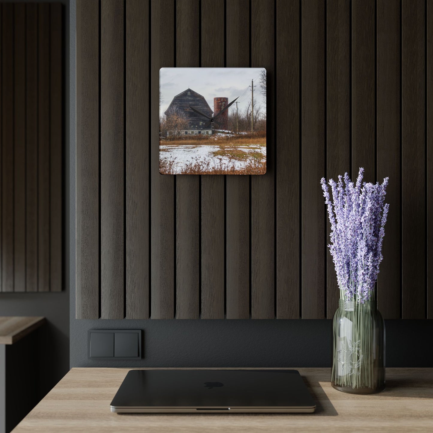 U R There Photography Secord Lake Road Grey Rustic Farmhouse Acrylic Analog Wall Clock