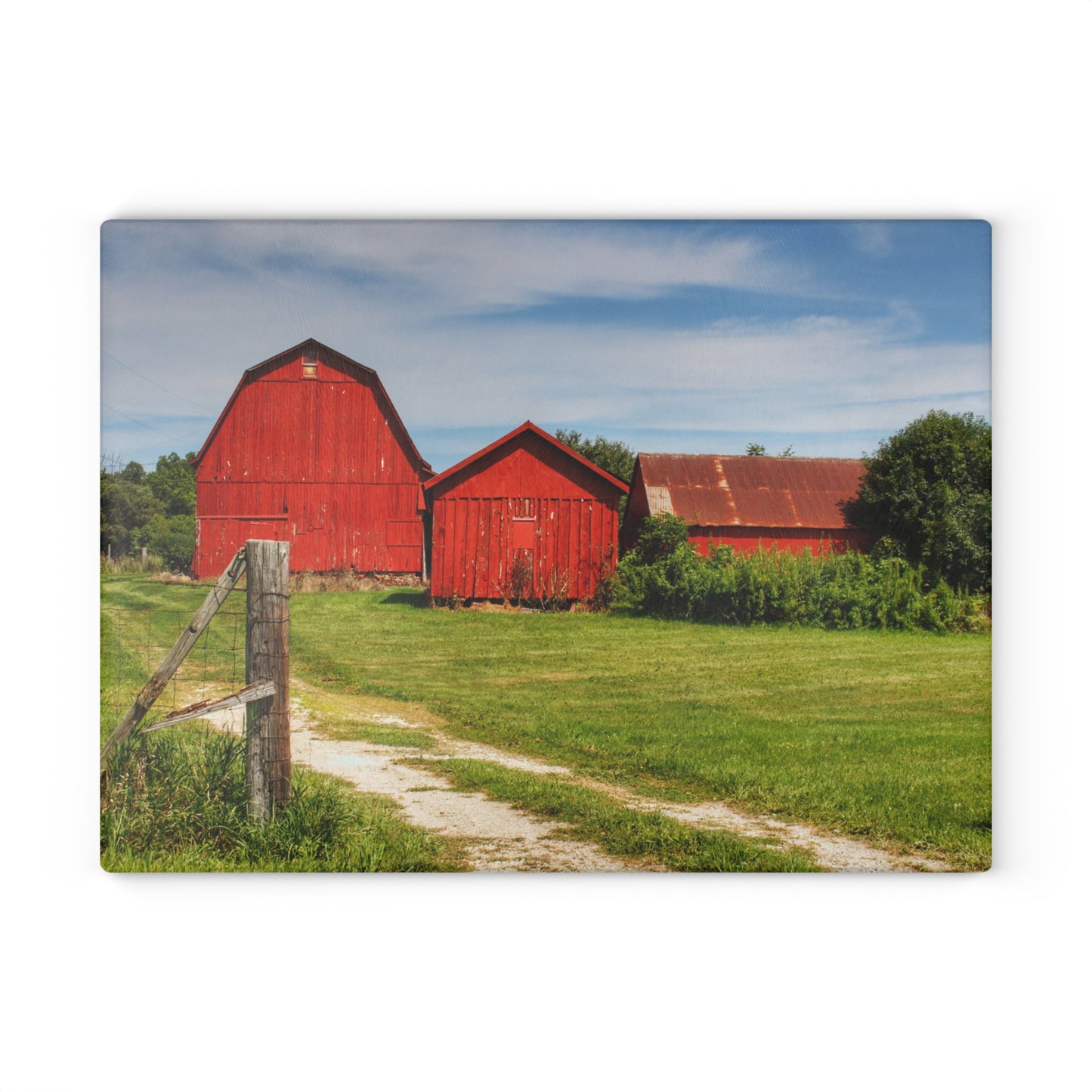 U R There Photography South Oak Road Reds I Rustic Farmhouse Tempered-Glass Cutting Board