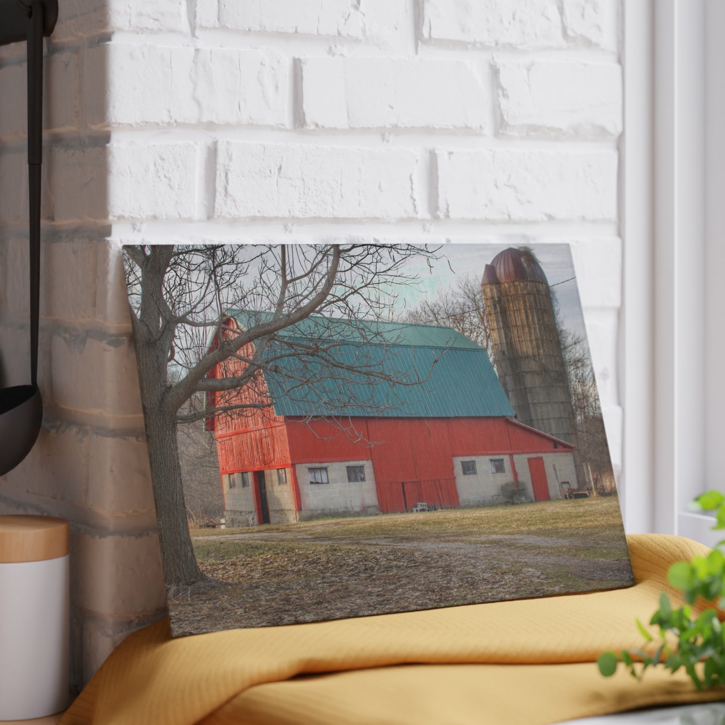 U R There Photography Wilson Road Red and Silo I Rustic Farmhouse Tempered-Glass Cutting Board