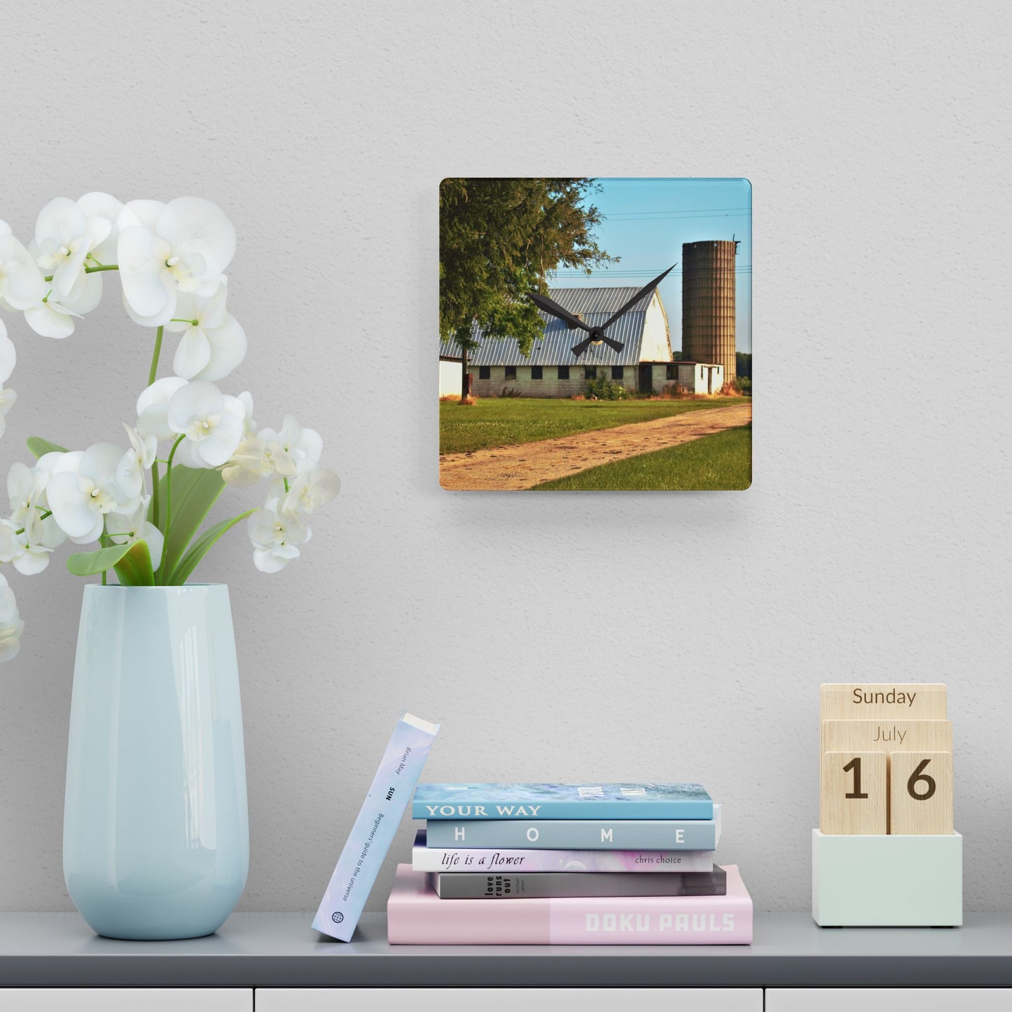 U R There Photography White Barn and Silo Rustic Farmhouse Acrylic Analog Wall Clock