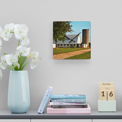 U R There Photography White Barn and Silo Rustic Farmhouse Acrylic Analog Wall Clock