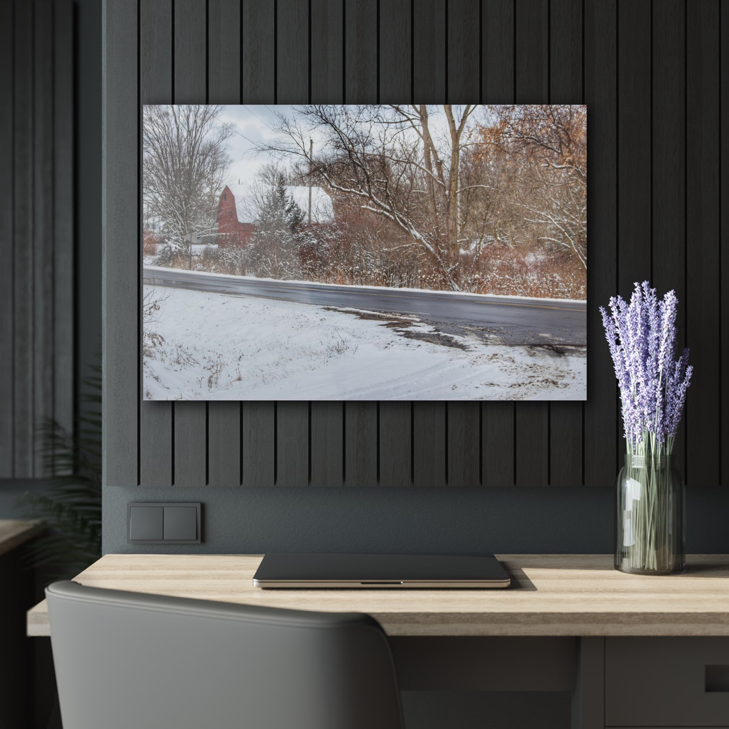 U R There Photography Dodge Road Winter Red Rustic Farmhouse Acrylic Wall Print