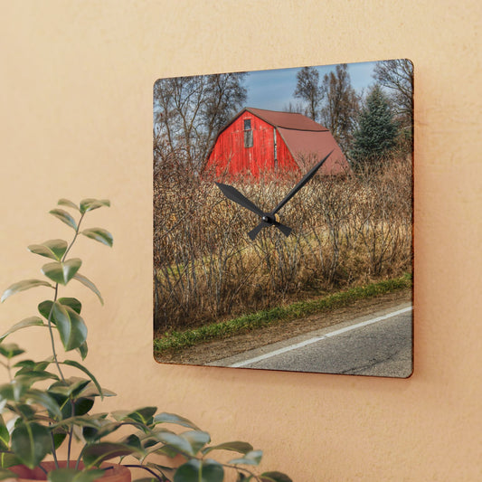U R There Photography South Lake Pleasant Road Red Rustic Farmhouse Acrylic Analog Wall Clock