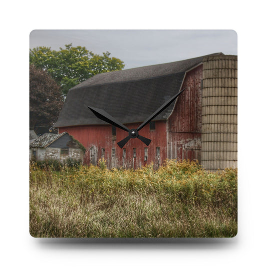 McDowell Road Old Red and Little White Rustic Farmhouse Acrylic Analog Wall Clock 10.75'' × 10.75'' (Square)