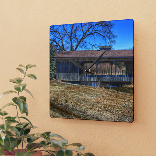 U R There Photography Covered Bridge of Campground Road II Rustic Farmhouse Acrylic Analog Wall Clock