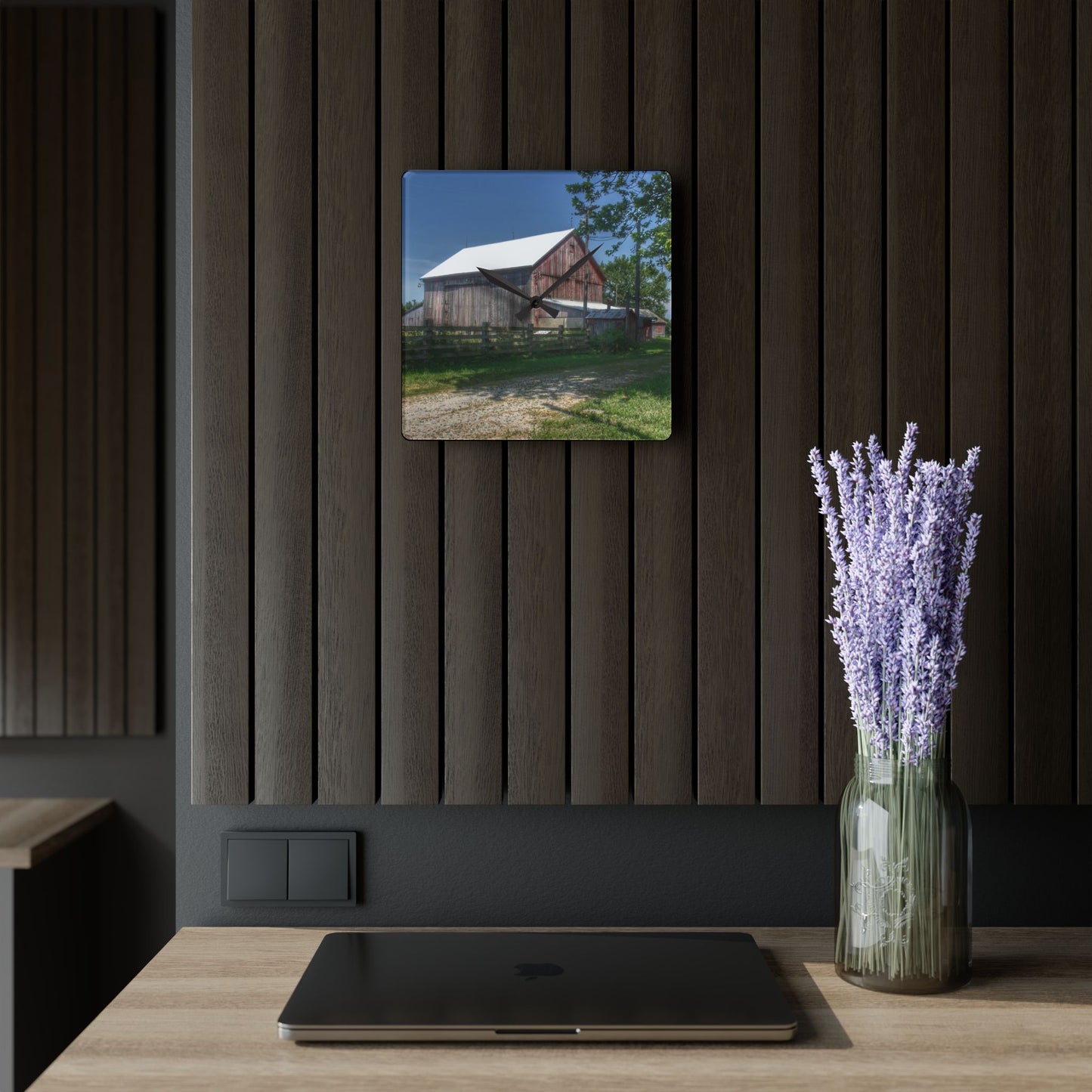 U R There Photography Castle Road Cow Barn II Rustic Farmhouse Acrylic Analog Wall Clock