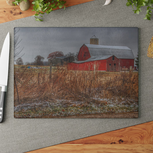 U R There Photography Hough Road Reds I Rustic Farmhouse Tempered-Glass Cutting Board