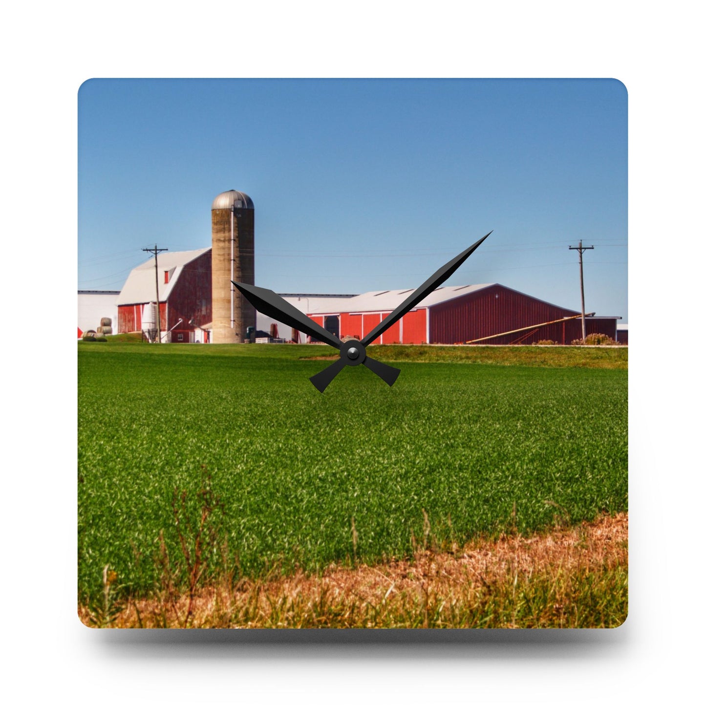 U R There Photography Pattison Road Farm Across the Field I Rustic Farmhouse Acrylic Analog Wall Clock