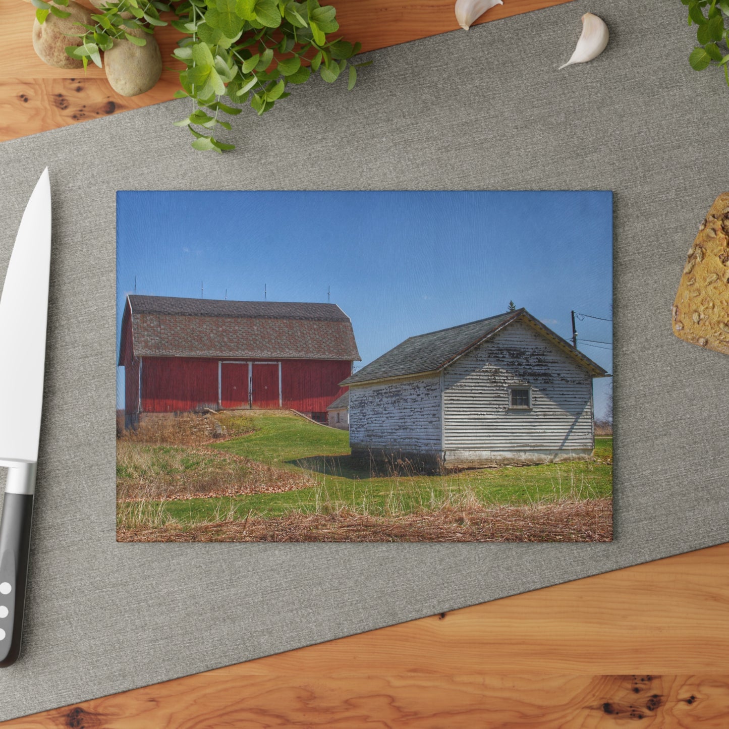 U R There Photography Hurd Corners Red and Little White Rustic Farmhouse Tempered-Glass Cutting Board