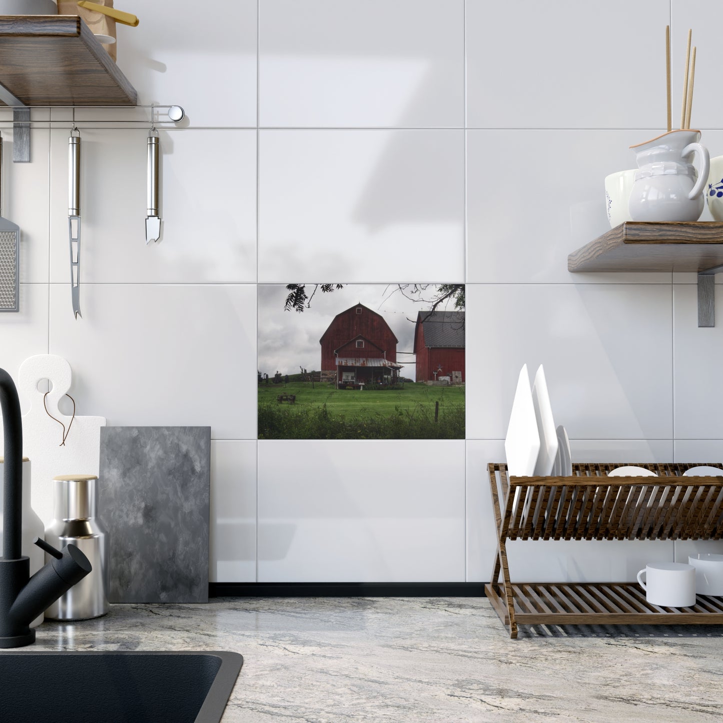 U R There Photography Bishop Road Reds II Rustic Farmhouse Decorative Ceramic Tile