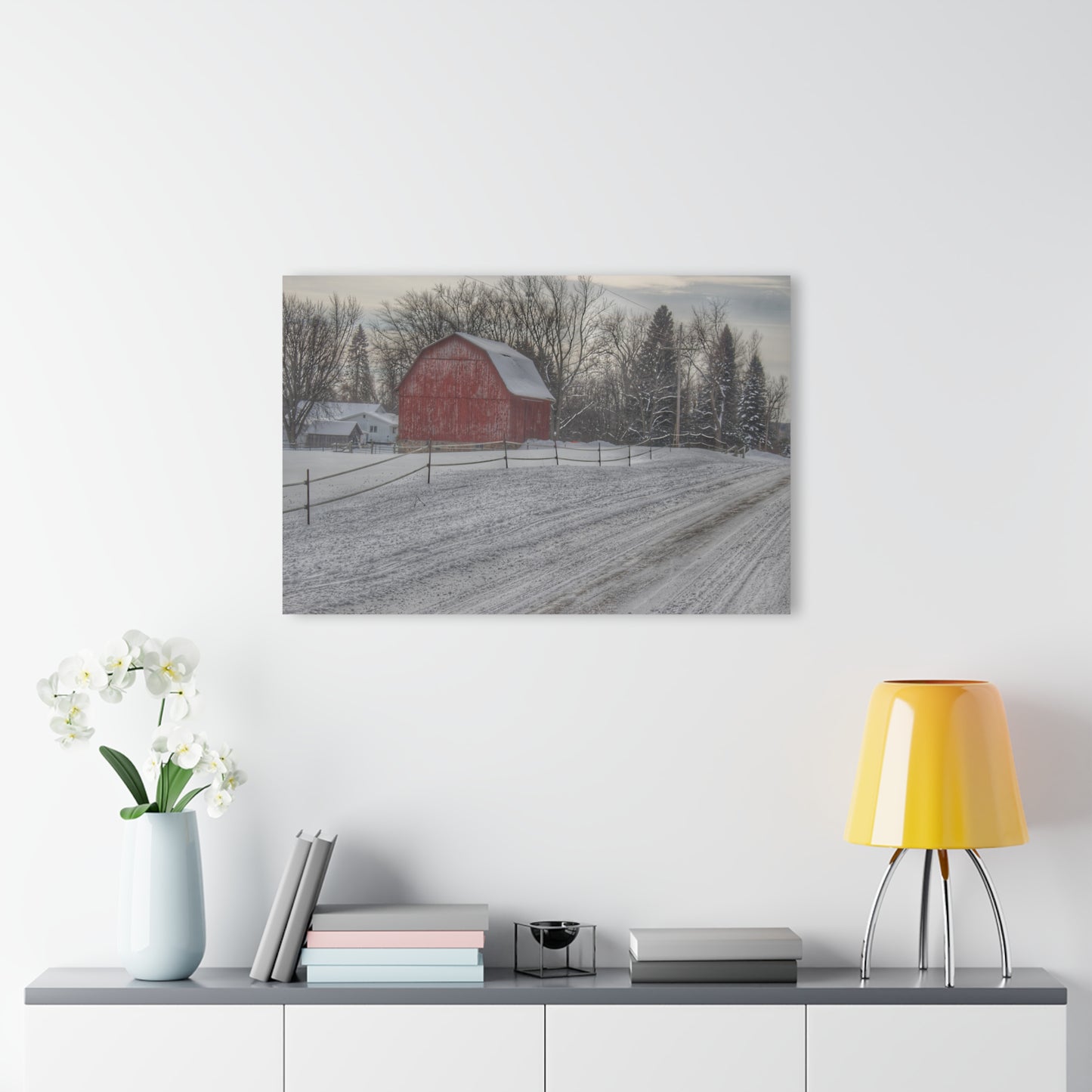 U R There Photography Phillips Road Winter Red Rustic Farmhouse Acrylic Wall Print 14 "x 11"