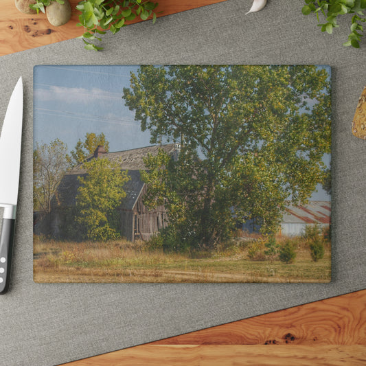 U R There Photography Barnes Road Old Grey I Rustic Farmhouse Tempered-Glass Cutting Board