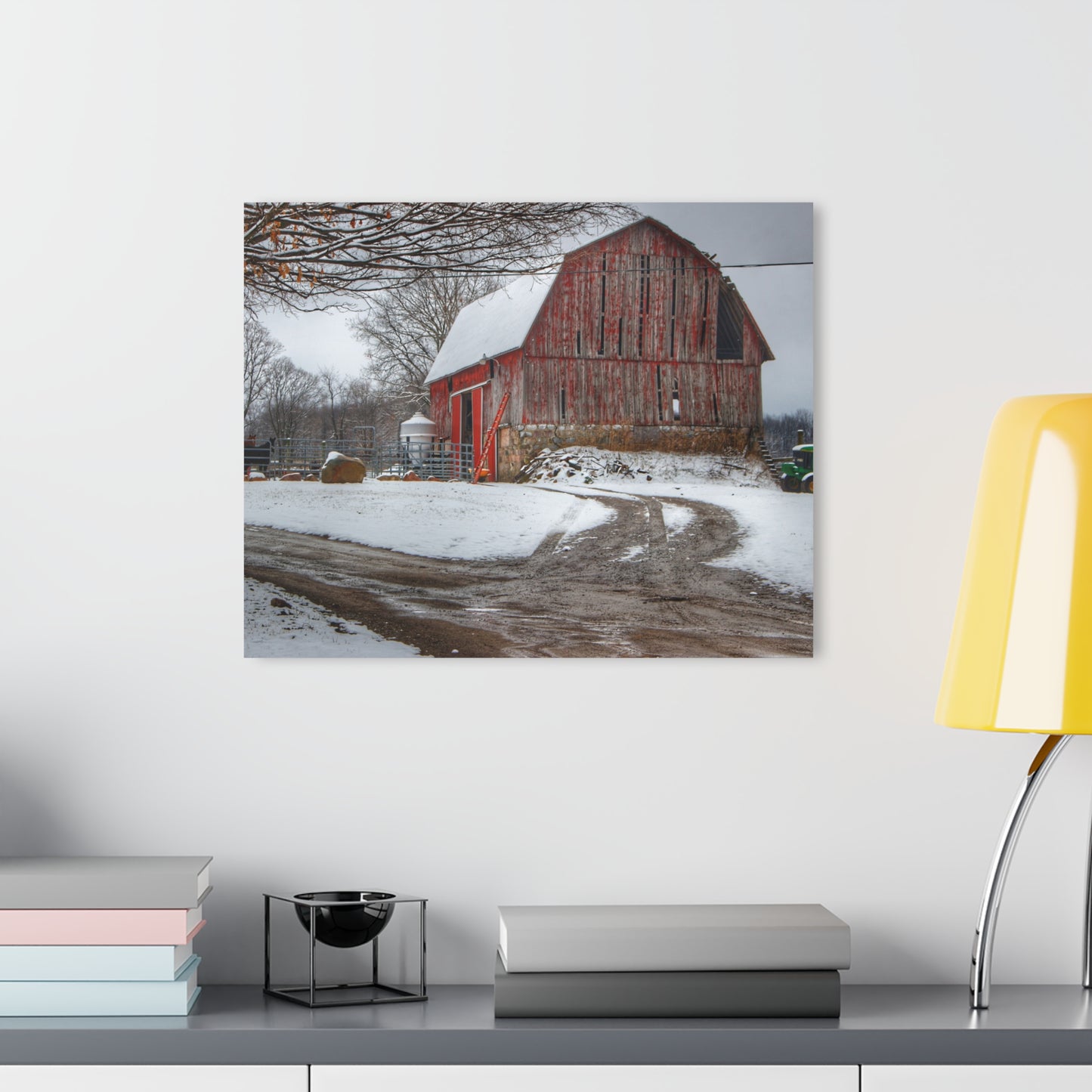 U R There Photography Marathon Road Red in Winter Rustic Farmhouse Acrylic Wall Print