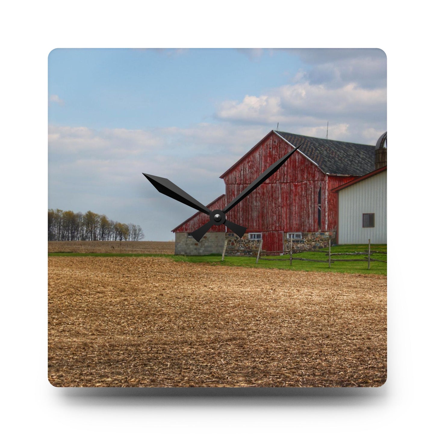 U R There Photography Cedar Creek Road Saltbox Red Rustic Farmhouse Acrylic Analog Wall Clock