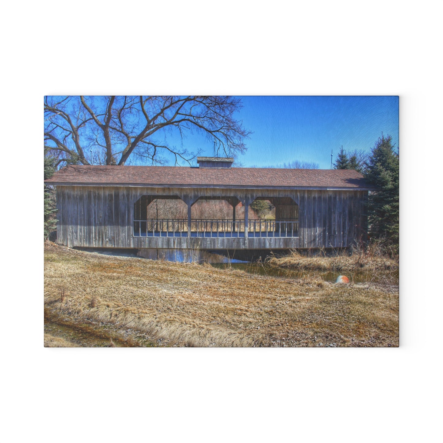 Barn Boutique Rustic Tempered-Glass Cutting Board| Covered Bridge of Campground Road II