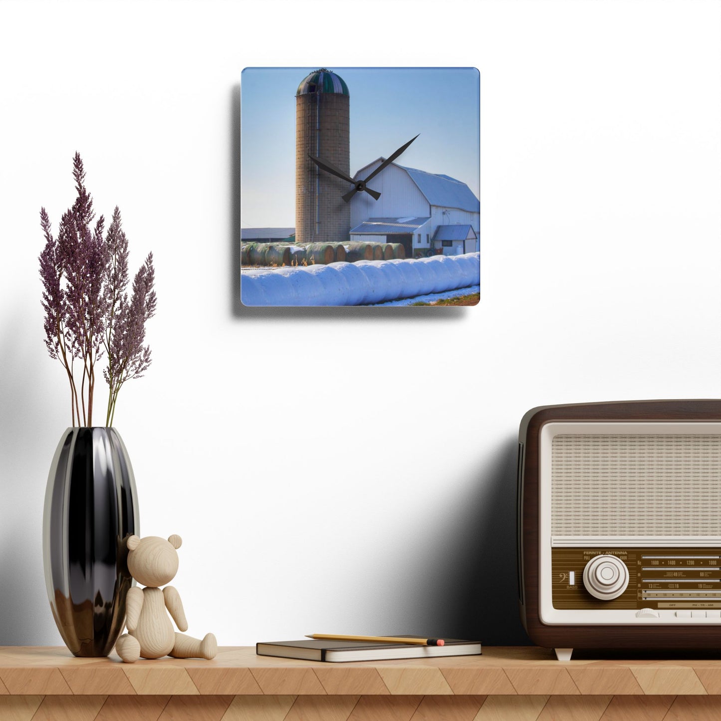 U R There Photography Bowers Road White in Winter Rustic Farmhouse Acrylic Analog Wall Clock