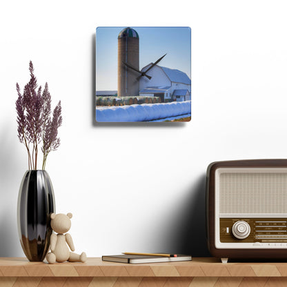 U R There Photography Bowers Road White in Winter Rustic Farmhouse Acrylic Analog Wall Clock