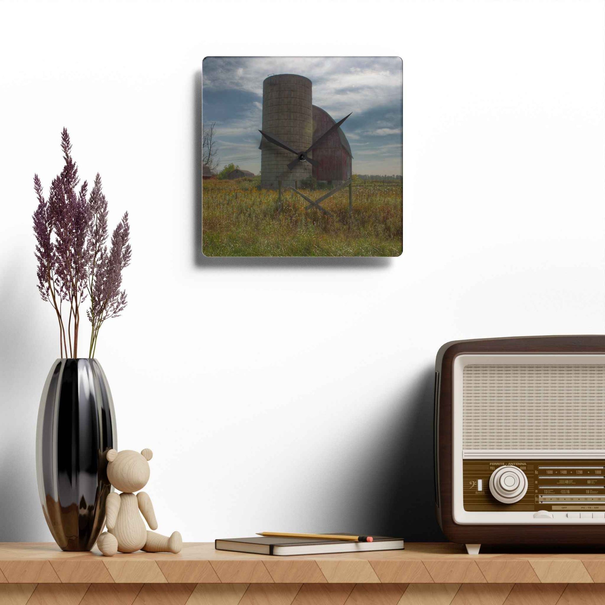 U R There Photography Mushroom Road Red II Rustic Farmhouse Acrylic Analog Wall Clock
