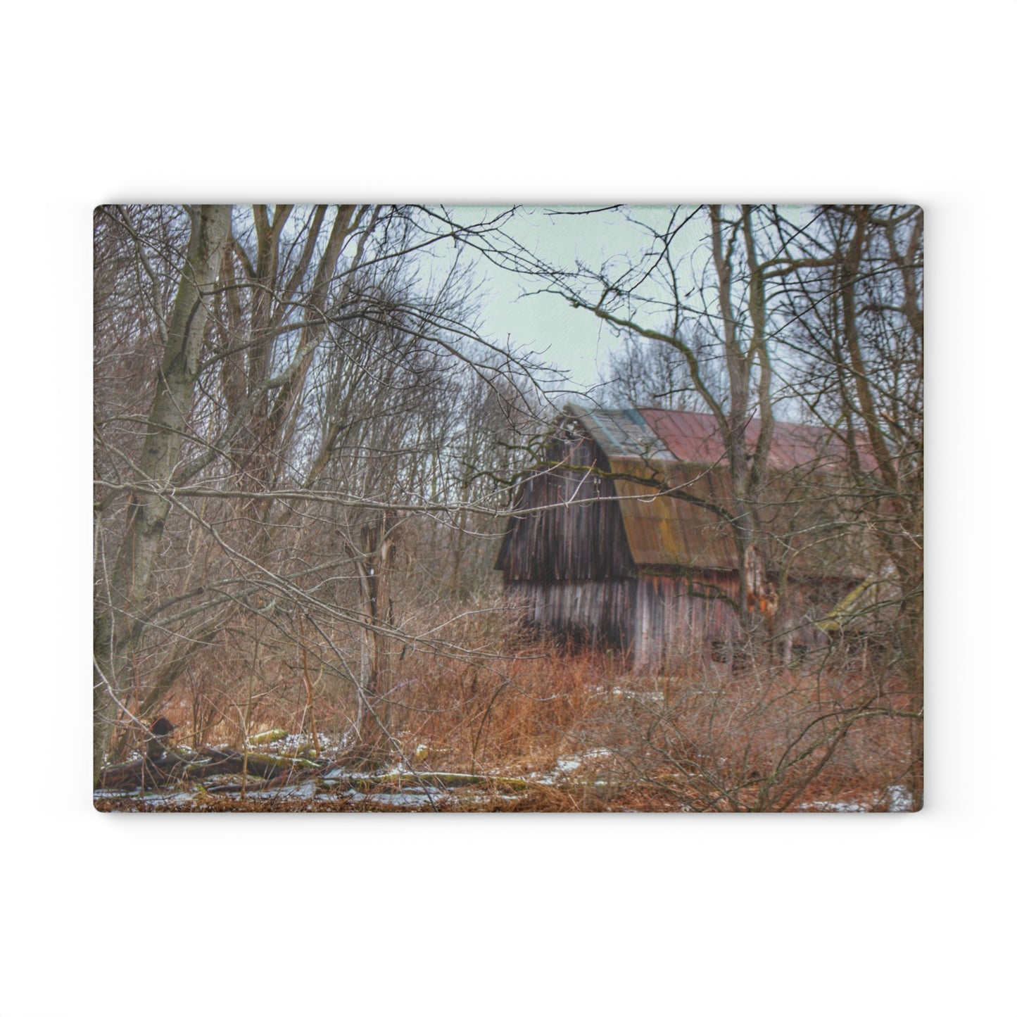 U R There Photography West Barnes Lake Hidden Red Rustic Farmhouse Tempered-Glass Cutting Board