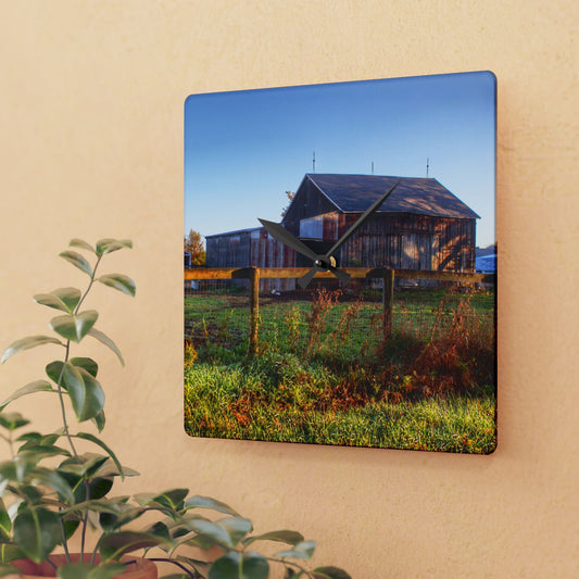 U R There Photography Hunters Creek Grey Saltbox Rustic Farmhouse Acrylic Analog Wall Clock