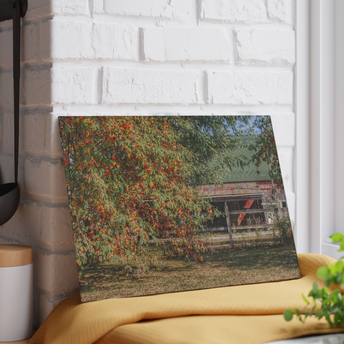 U R There Photography Farrand Road Red Coral by Flowering Tree Rustic Farmhouse Tempered-Glass Cutting Board