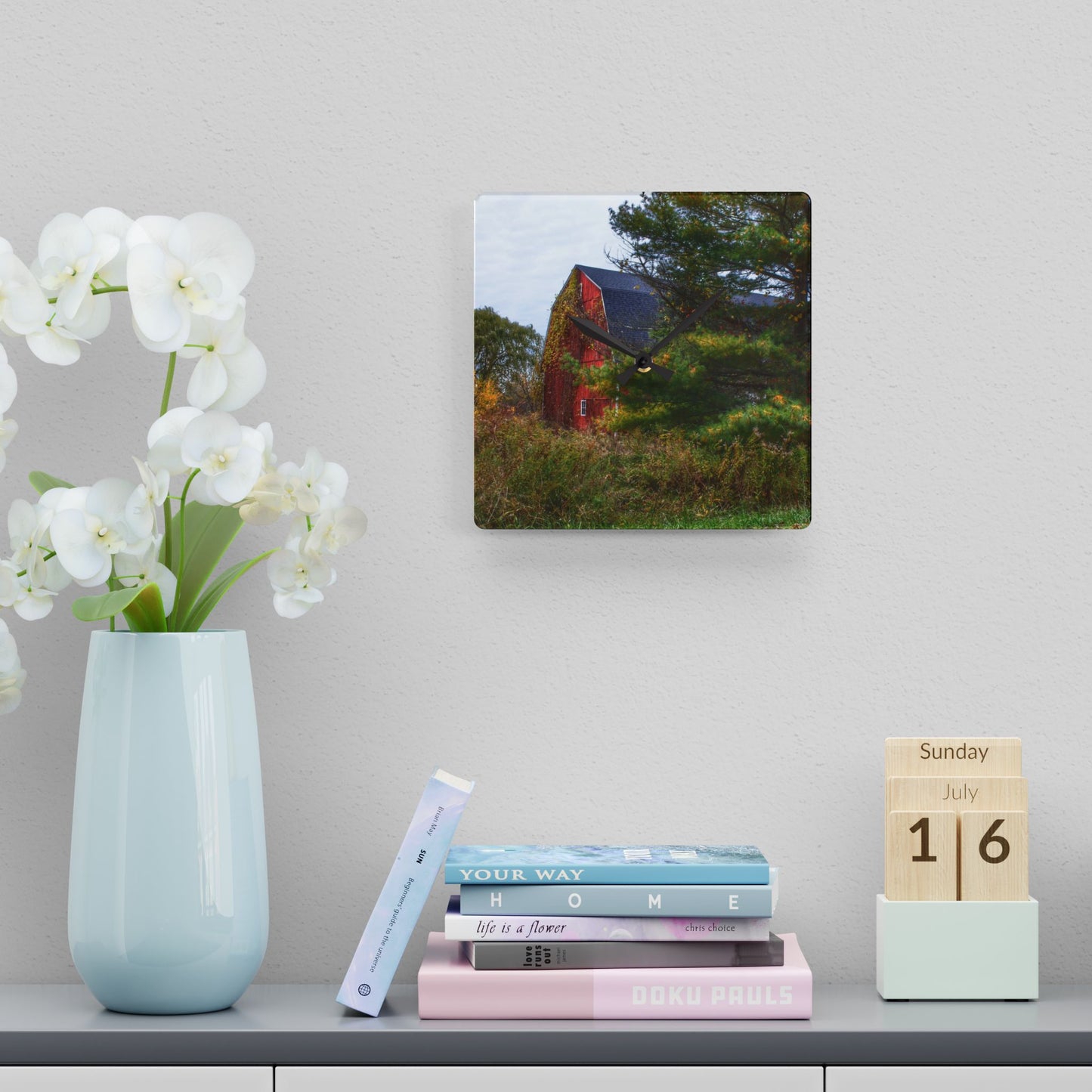 U R There Photography Green Corners Road Hidden Red Rustic Farmhouse Acrylic Analog Wall Clock