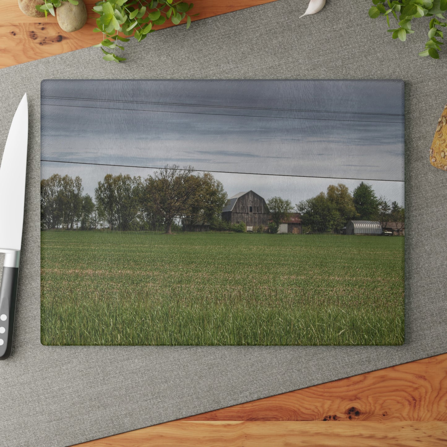 U R There Photography Old Grey Across the Field Rustic Farmhouse Tempered-Glass Cutting Board