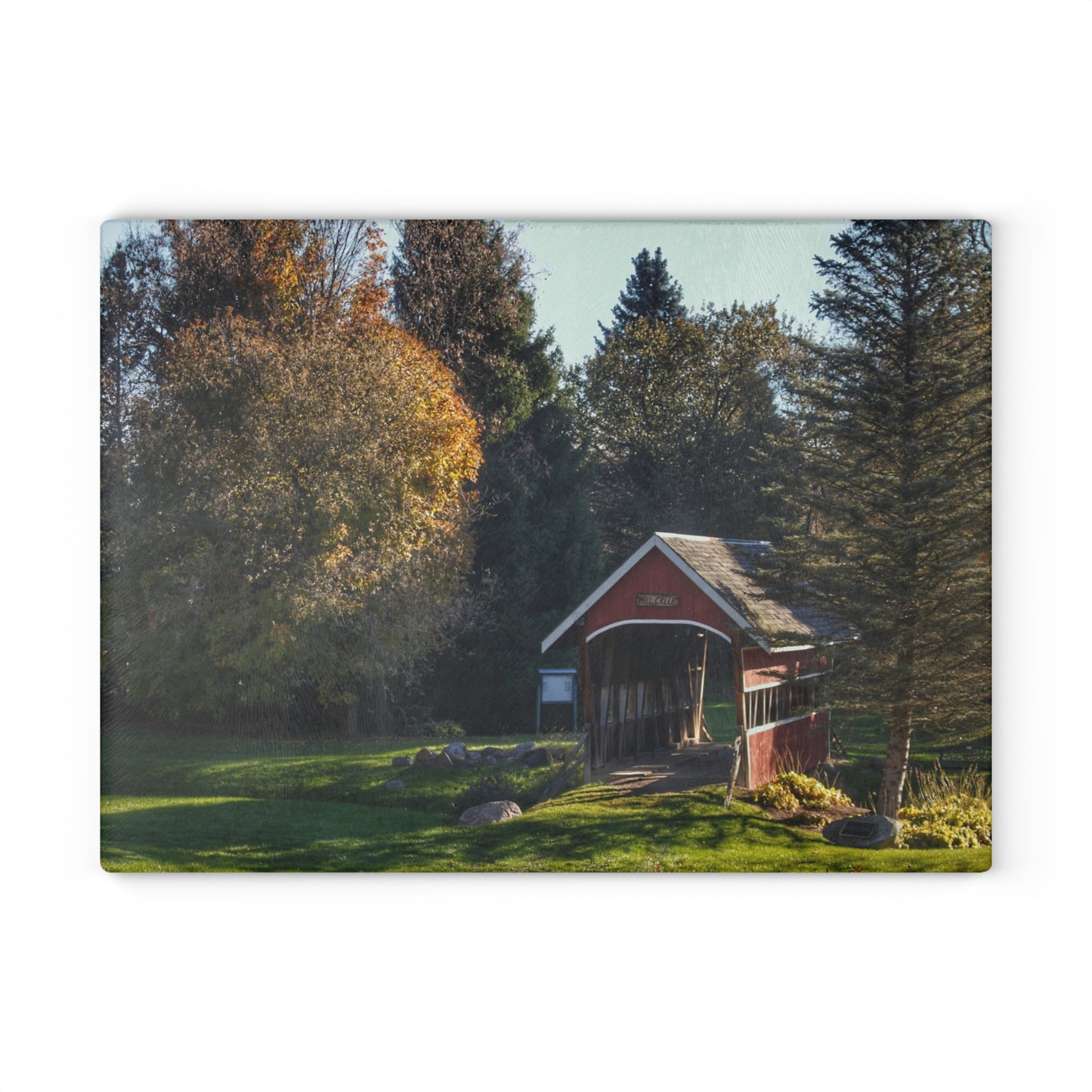 U R There Photography Hadley Covered Bridge II Rustic Farmhouse Tempered-Glass Cutting Board