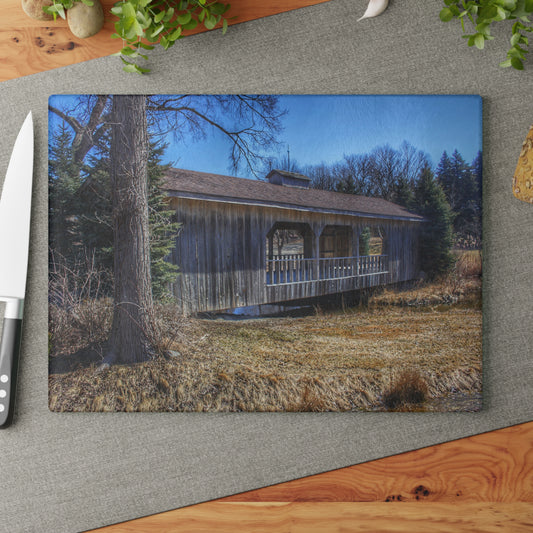 U R There Photography Covered Bridge of Campground Road I Rustic Farmhouse Tempered-Glass Cutting Board