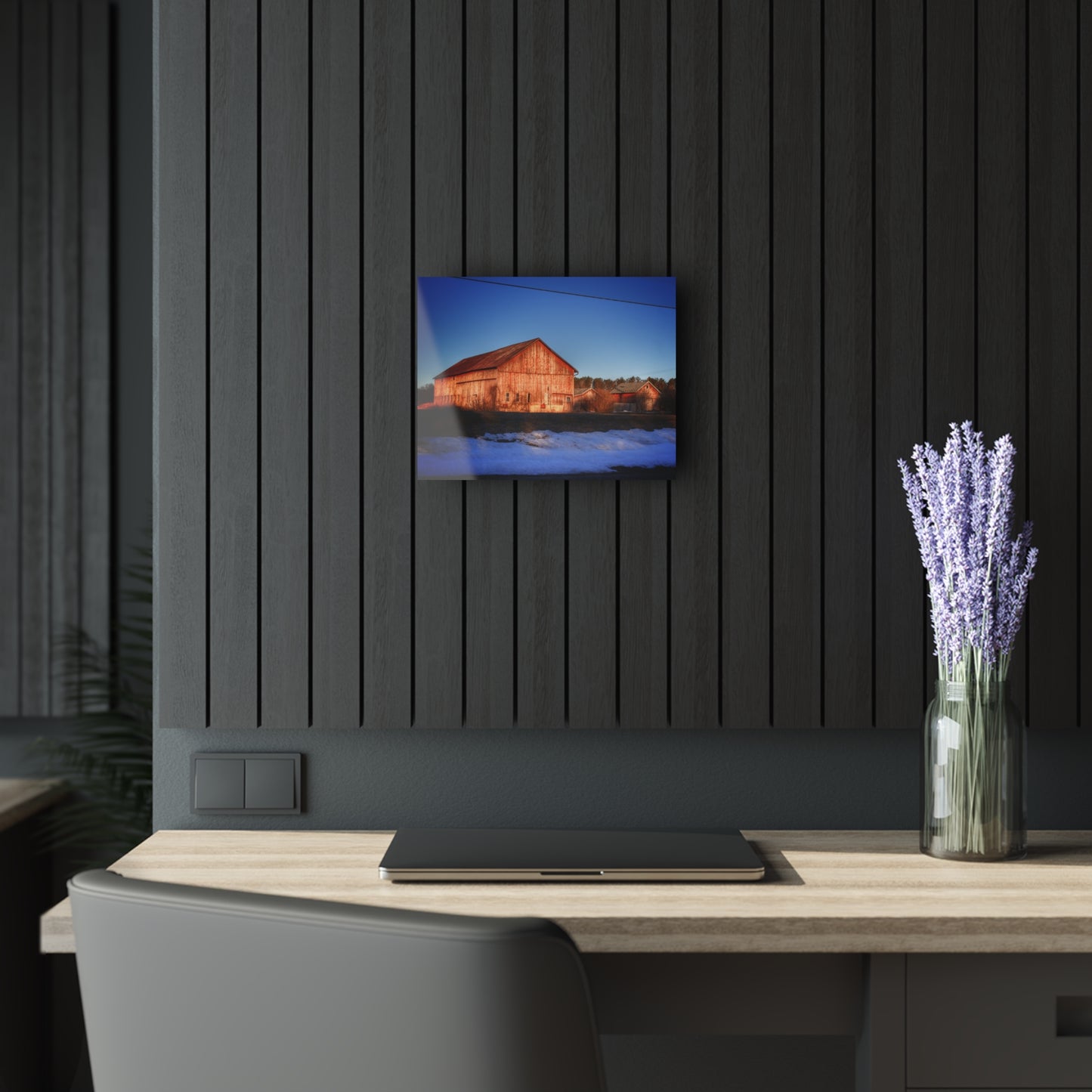 U R There Photography M-15 Reds in Winter Rustic Farmhouse Acrylic Wall Print