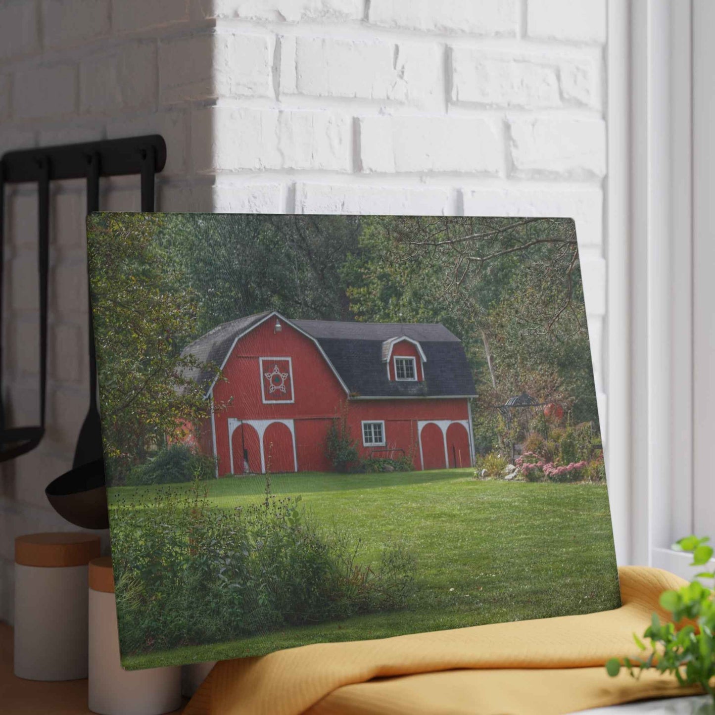U R There Photography Charming Red Rustic Farmhouse Tempered-Glass Cutting Board