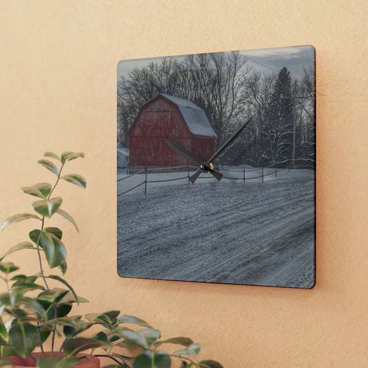 U R There Photography Phillips Road Winter Red Rustic Farmhouse Acrylic Analog Wall Clock