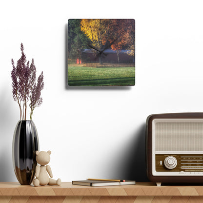 U R There Photography Red Barn on Foggy Fall Morning Rustic Farmhouse Acrylic Analog Wall Clock