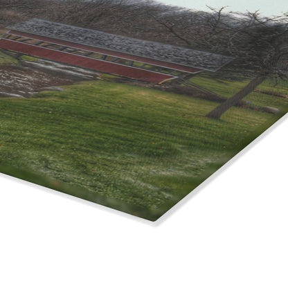 U R There Photography Hadley Covered Bridge III Rustic Farmhouse Tempered-Glass Cutting Board