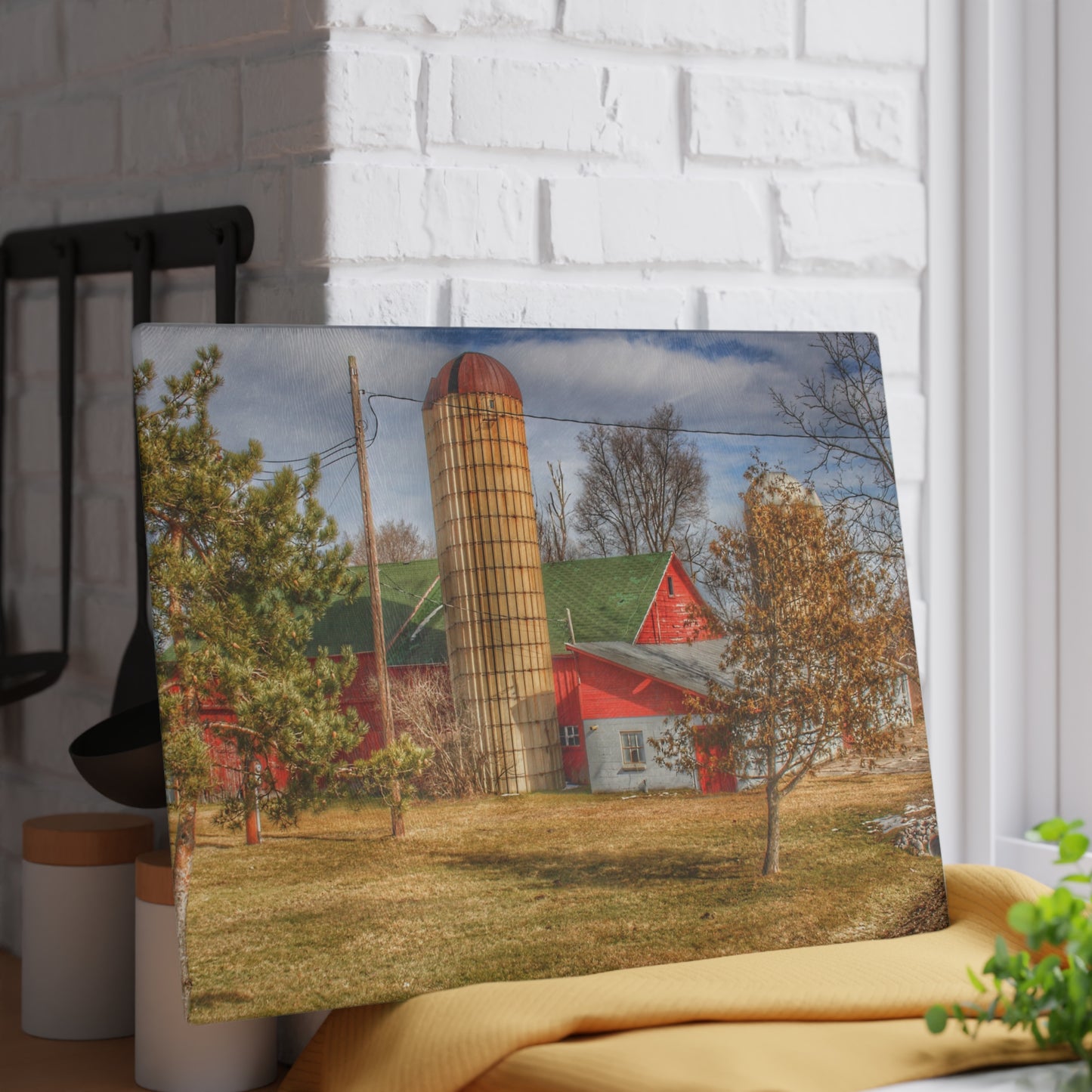 U R There Photography Newark Road Red and Silos II Rustic Farmhouse Tempered-Glass Cutting Board