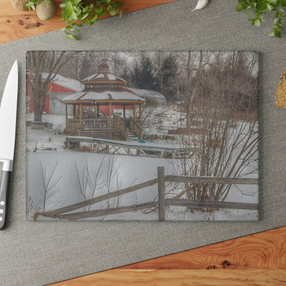 U R There Photography Columbiaville Gazebo in Winter Rustic Farmhouse Tempered-Glass Cutting Board