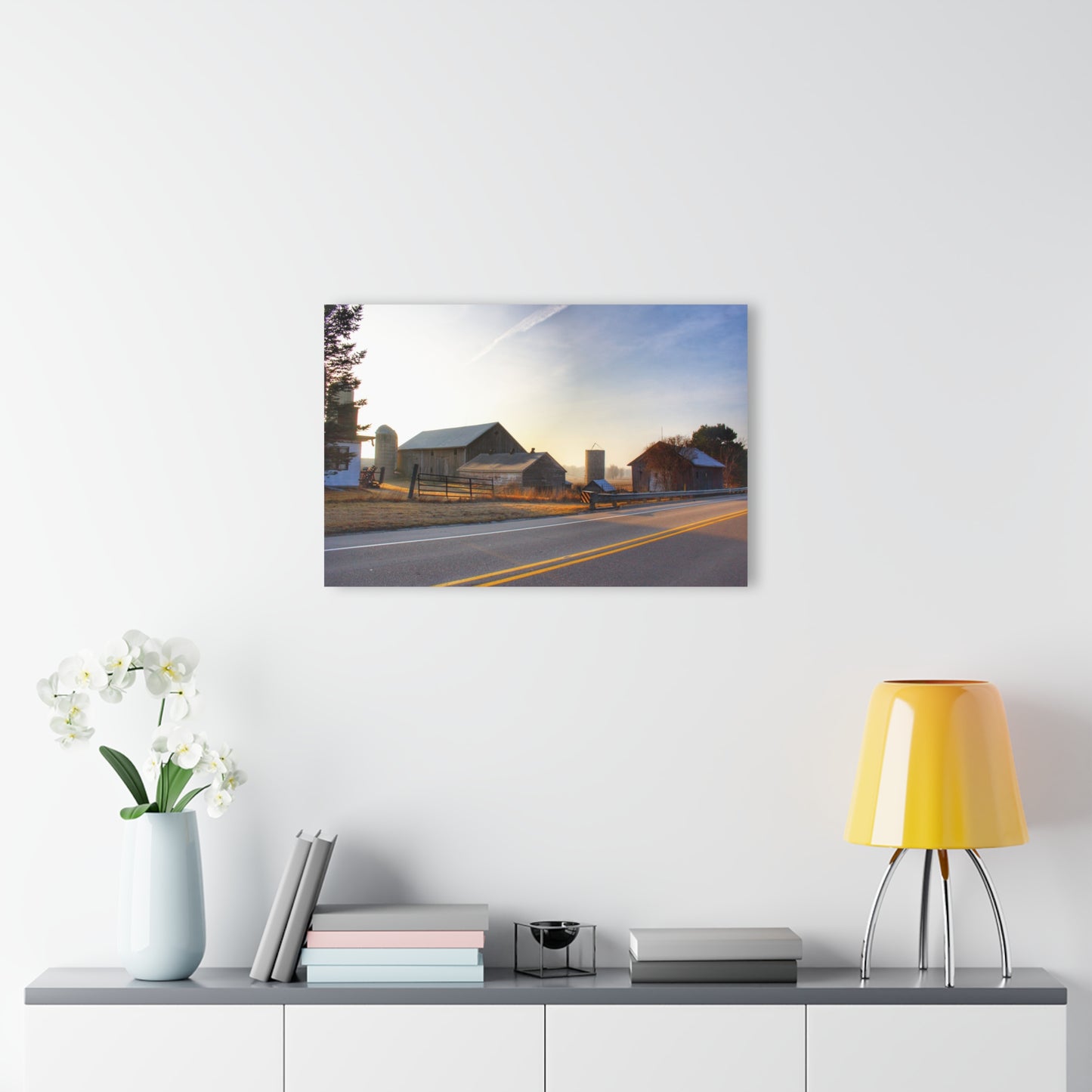 U R There Photography Wilder Road Foggy Morning Greys Rustic Farmhouse Acrylic Wall Print