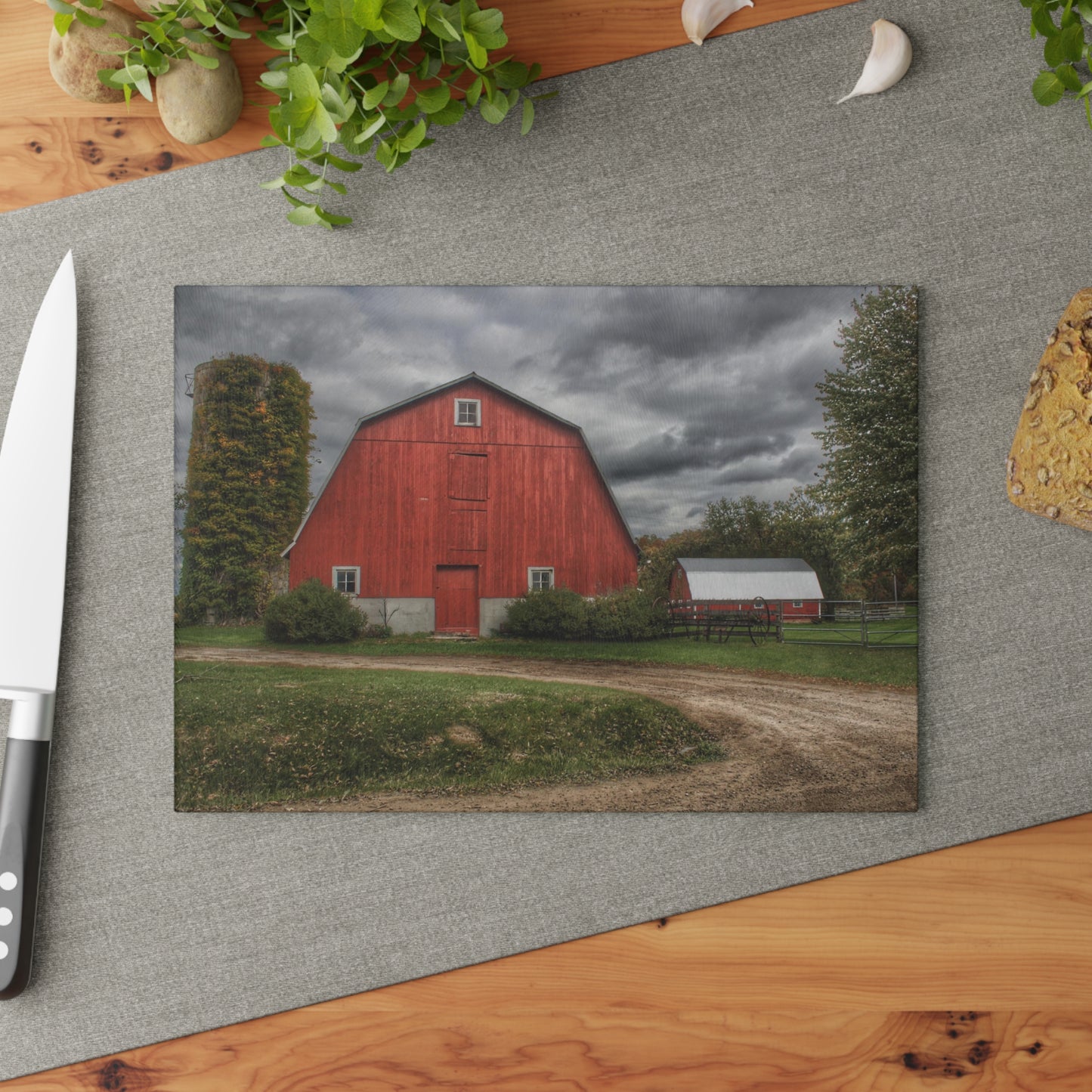 U R There Photography Horton Road Red and Silo Rustic Farmhouse Tempered-Glass Cutting Board