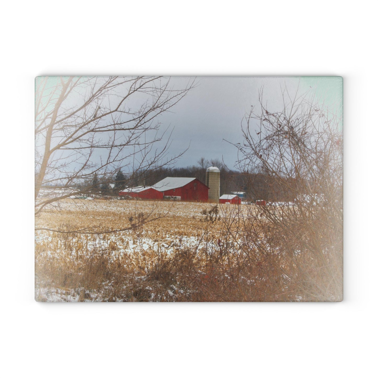 U R There Photography Brook Road Red in Winter Rustic Farmhouse Tempered-Glass Cutting Board